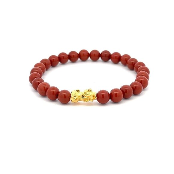RAFANTHIA Jewelry - 18K Gold Pixiu Piyao Bracelet Natural Gemstones Red Jasper 6mm Elastic Bracelet